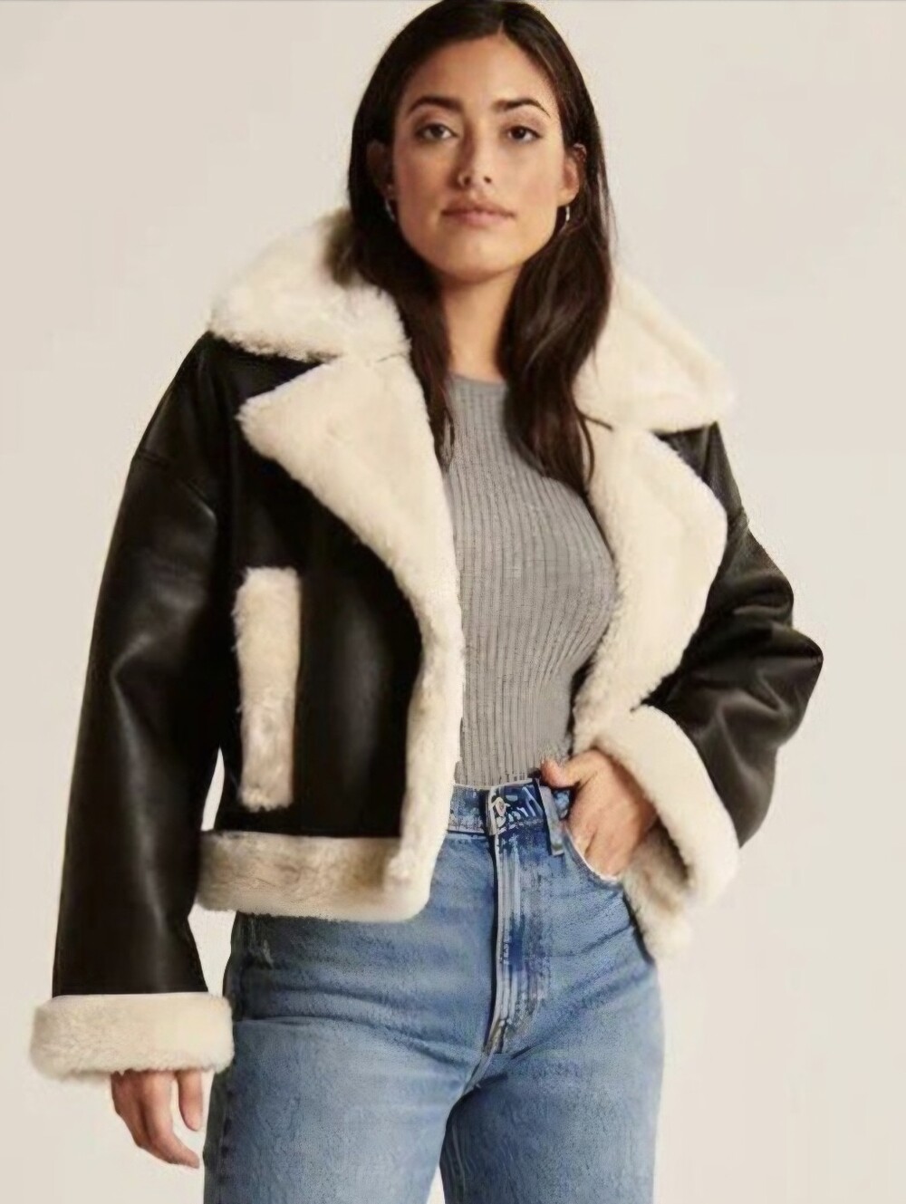 NWT Abercrombie & Fitch - Oversized Short Sherpa-Lined Vegan Leather Coat